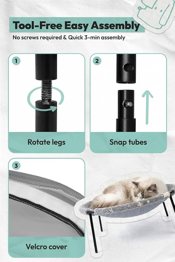 Elevated Cat Bed, Glow-in-The-Dark Fabric Cat Hammock Bed for Large Indoor Cats, Machine Washable & Breathable Cover, Tool Free Easy Assembly, up to 66Lbs (Gray, L)