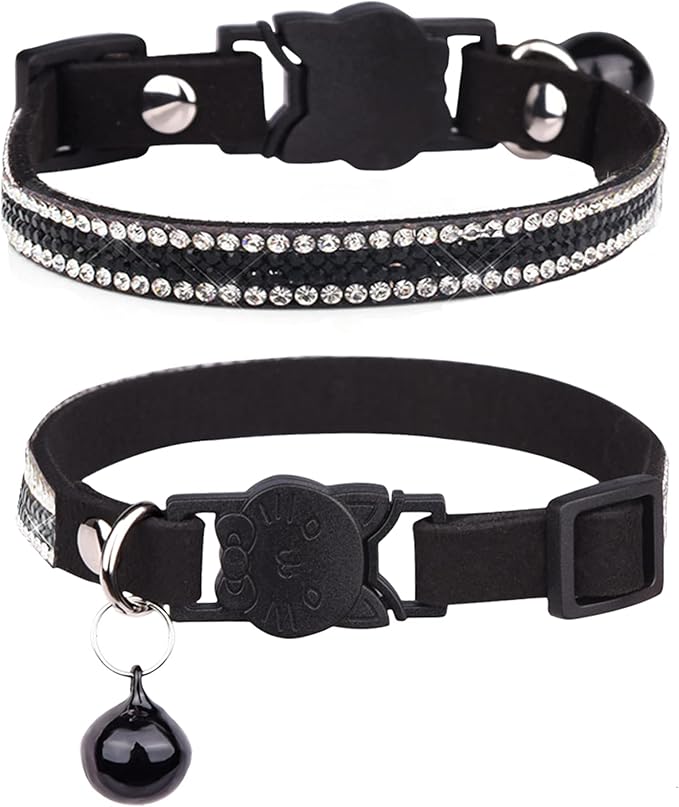 Solmoony Breakaway Cat Collars with Bell,Adjustable Safe Kitten Collar,Cat Collars for Girl Cats with Rhinestone Soft Velvet (Black2)
