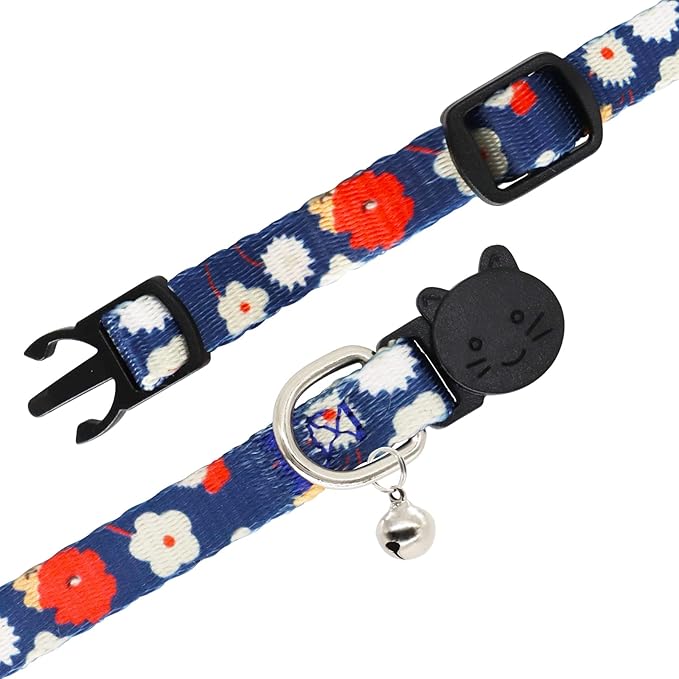 Cat Collar, 2 Pack Breakaway Collar with Bells, Safety Buckle Kitten Collars for Boy and Girl Cats, Black + Pink Flower