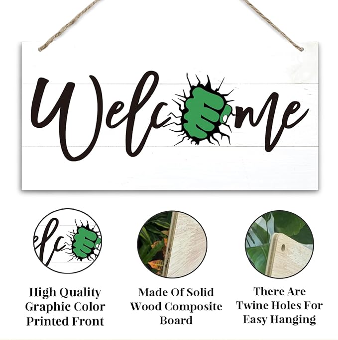 Welcome Sign for Front Door, Welcome Decor Wooden Hanging Sign for Wall Decor, Fist pattern Wall Hanging Signs, Funny Wooden Outdoor Front Door Decoration 13.8X6.9 inches