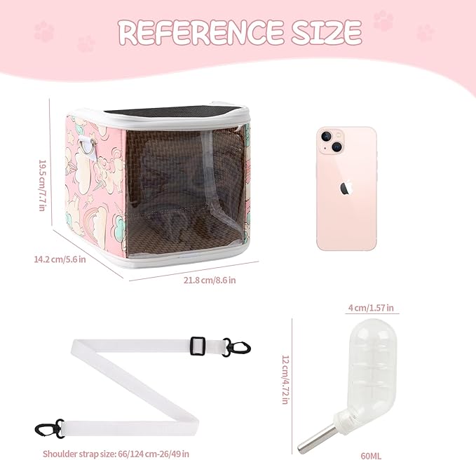 Guinea Pig Carrier Bag with Water Bottle，Travel Portable Small Animal Carrier Sling Pouch, Clear Window Carrier Backpack for Hamster Bunny Gerbil Hedgehog Sugar Glider Lizard Bird.(Pink)
