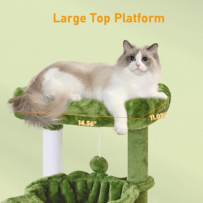 KIYUMI Cat Tree Cat Tower Condo with Sisal Scratching Post for Indoor Cats Cat Tree Cat Furniture with Hammock Perch and Kitten Ball Toys, Multi-Level Pet Activity Center Green