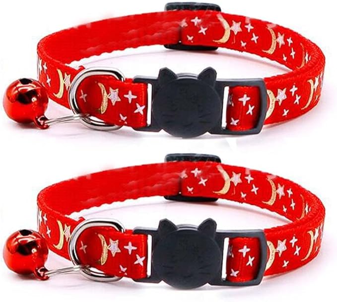 Reflective Cat Collars Breakaway with Bell 2-Pack Girl Boy Pet Kitten Collar with Star Moon Patetrn Adjustable 7.5-12.5 Inch (Red)