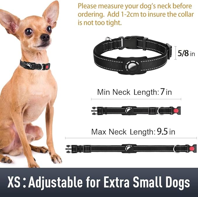 Airtag Dog Collar with AirTag Holder for Puppy Small Dogs, Reflective, Soft Padded & Safety Locking Buckle, Nylon Pet Collars Adjustable for All Breeds, Black,XS