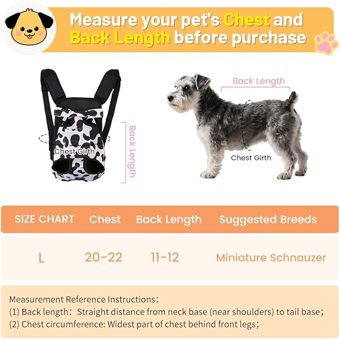 Inspack Dog Backpack Carrier/Cat Carrier, Adjustable Pet Front Carriers Travel Bag for Puppy Medium Dogs, Legs Out, Soft Ventilated Dog Chest Carry Backpacks for Hiking/Camping, 7-11 lbs, Cow Print