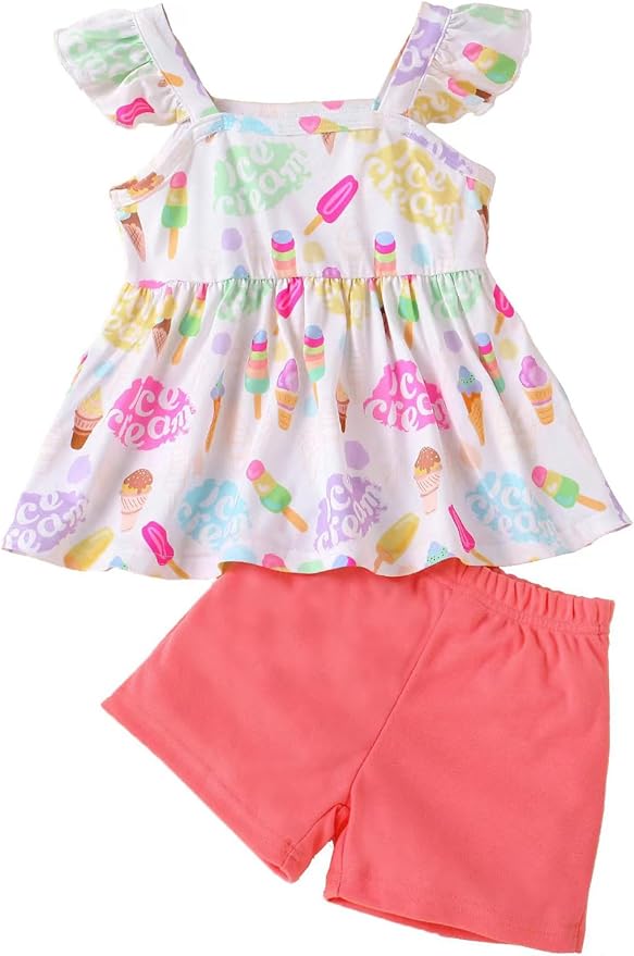 Toddler Baby Girls Summer Clothes Outfits Ruffled Sleeve Dinosaur Shirt Leopard Tops and Shorts Pants Sets 2PCS