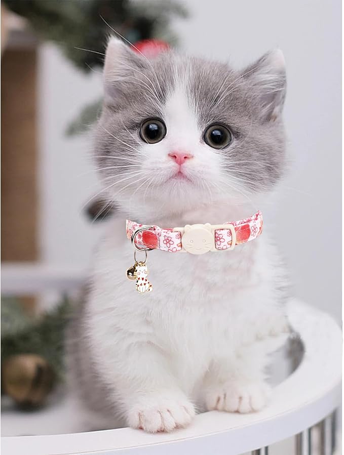 Cat Collar-2 Pack Cute Cat Collars Peach & Lemon Print Breakaway with Kitten and Bell Pendant Safety Buckle Pet Collar Soft Cotton Collar for Cats and Small Pets Gift