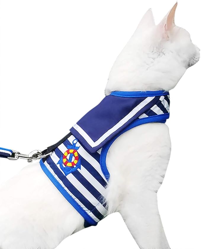 Cat Harness and Leash for Walking Escape Proof, Adjustable Cat Vest Harness, Padded Stylish Cat Walking Jackets, Sailor Suit Navy, Extra Large