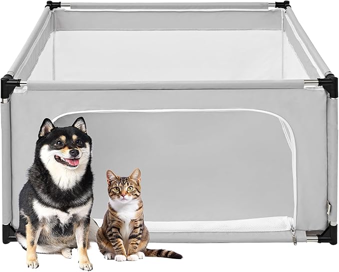 EHEYCIGA 42x42x26 Inches Puppy Playpen Without Top Cover for Dogs & Cats Indoor or Outdoor - Dog Playpen with Door, Dog Fence for Small Animal with Heavy-Duty Oxford & Steel Frame, Sliver Grey