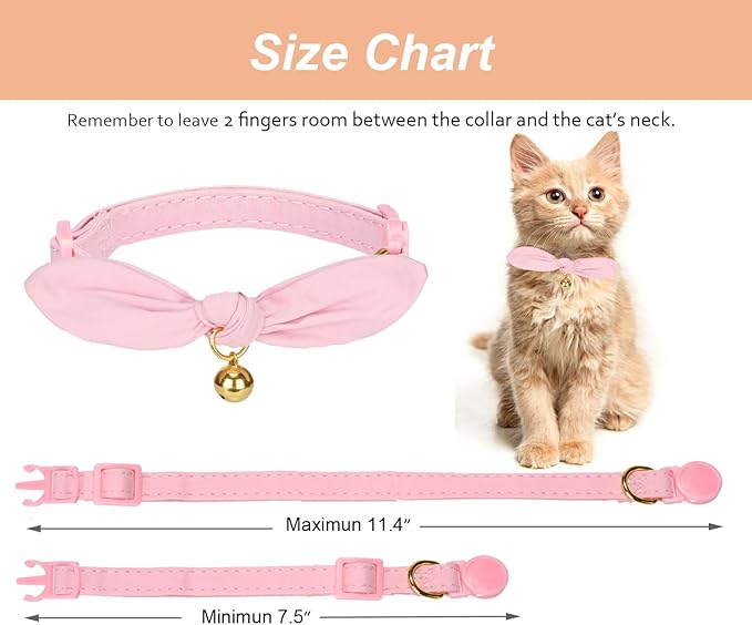 Bunny Ear Cat Collar with Bell and Bow Tie, Breakaway Cute Bowtie Kitten Collars(Light Pink)