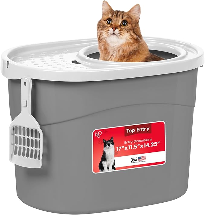 IRIS USA Top Entry Cat Litter Box, Large Enclosed with Litter Catching Lid and Scoop, Dog Proof, Cat Litter Box, Gray/White