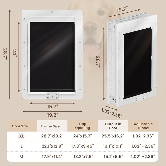 XL Dog Door for Door, Never Rust Plastic Extra Large Doggy Door for Interior and Exterior Doors, XLarge Pet Door with 2 Magnetic Flaps, Closing Panel, Dog Doors for Pets Up to 220 LB