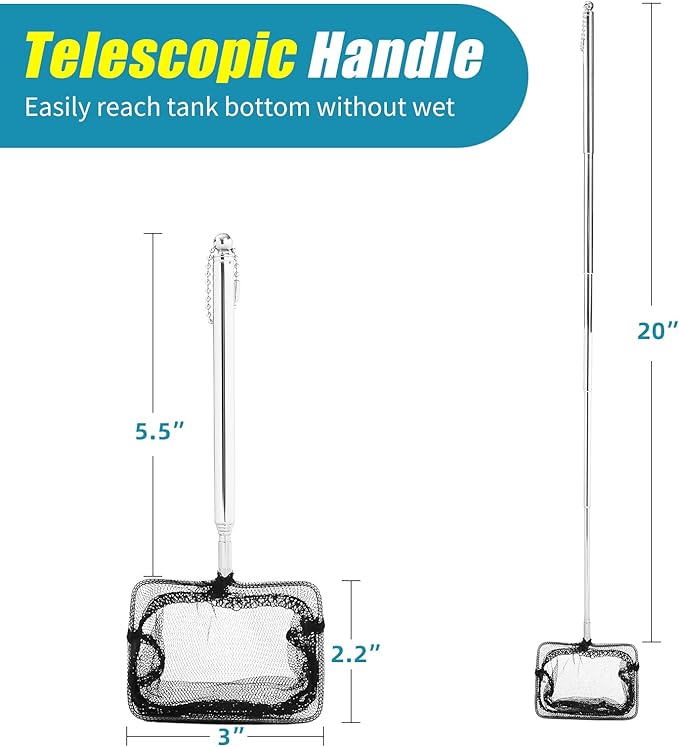 AQUANEAT Aquarium Net with Extendable Long Handle, Adjustable Wastes Skimming Cleaning Tools for Fish Tanks, 3 inch