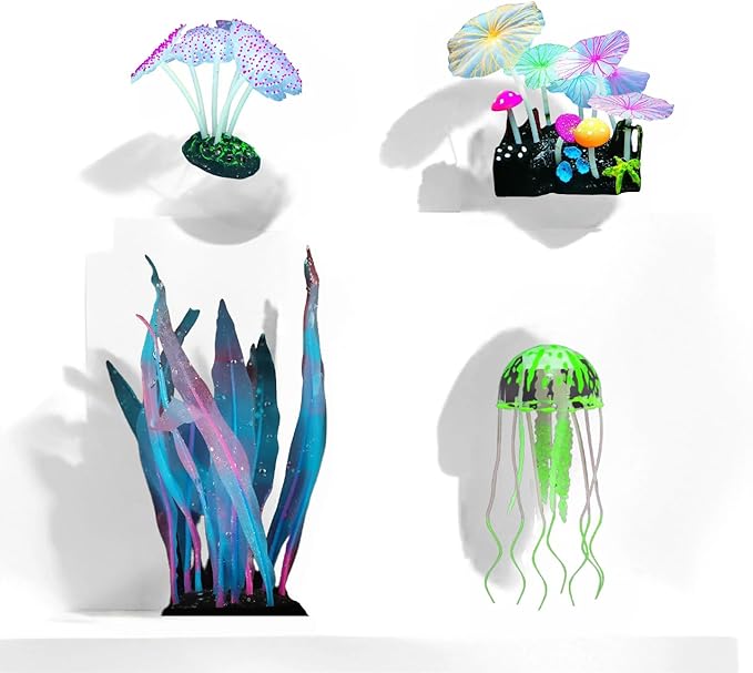 4-Pack Silicone Fluorescent Aquarium Plants & Decor - Realistic Jellyfish, Mushrooms for All Fish Tanks, Essential Decorations