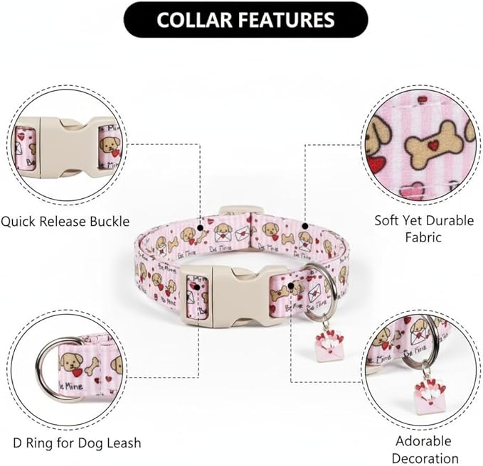 Pink Dog Collar, Girl Dog Collar with Cute Dogs and Hearts, Cute Spring Summer Food Collar with Soft & Breathable Fabric, Adjustable Pet Collar for Medium Dogs