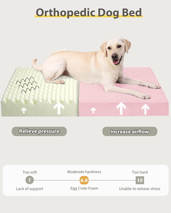 Orthopedic XL Dog Beds Large Sized Dog Waterproof Pet Kennel Pad with Removable Washable Cover and Non-Slip Bottom, 41x27 Inch, Pink