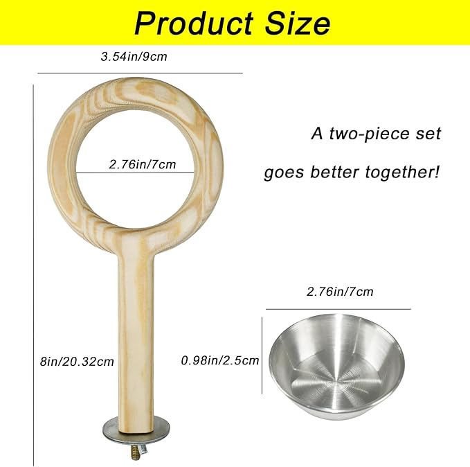 ASOCEA 2 Pack Bird Perch Feeding Cup, Bowls for Cage Wooden Perch Stand Hanging Bowls for Bird Cage Accessory Parrot Wood Perch Stand Toy for Parakeet Lovebird Cockatiel Budgie