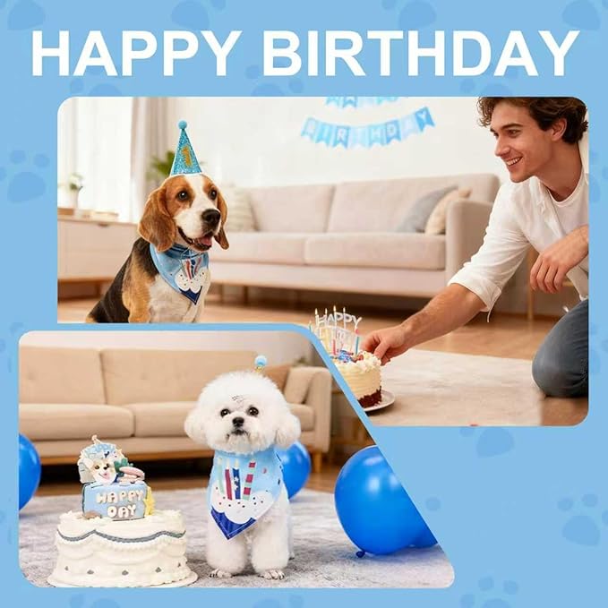 Dog & Cat Birthday Party Decorations Set Include Bandana, Adjustable Hat, Balloons, Happy Birthday Banner for Male and Female. Available for Small & Medium & Large Breeds (Blue)
