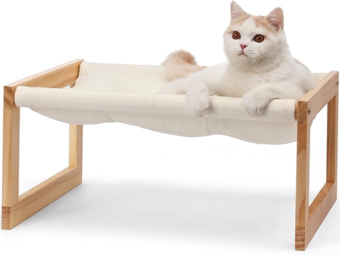 FUKUMARU Cat Bed Hammock, Cozy Velvet Cat Couch for Indoor Cats, Raised Wooden Cats Perch, 21 Inch Pet Sofa, Outdoor Dog Beds, Suitable for Puppy, Bunny and Small Animal, White