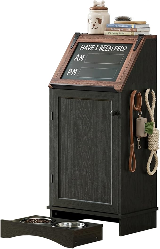 Dog Food Feeding Station with Storage, Pet Food Storage Cabinet with Bowls and Flip-Top Blackboard, Hidden Trash Can, Pet Organizer Cabinet for Dog and Cat, Black