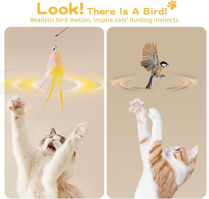 Pawaboo Feather Teaser Cat Toy, Interactive Feather Wand Cats Toy Flying Feathers Cat Catcher with Extra Long 34.5" Wand and Small Bell, Exerciser Playing Toys for Kitten or Cats, Pink+White+Yellow