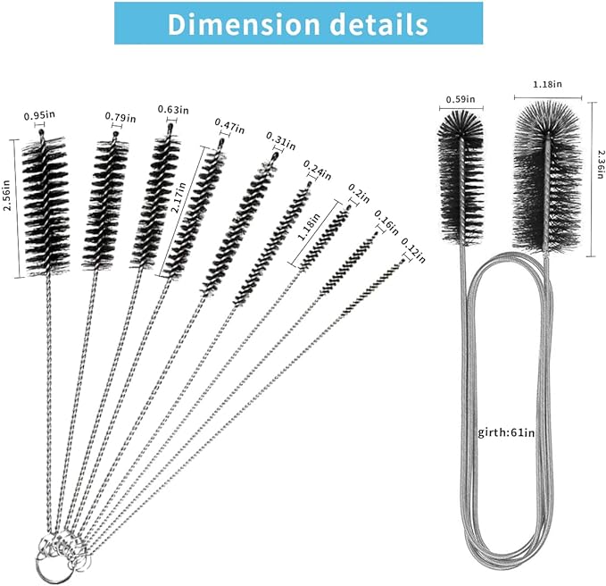 10PCS Flexible Drain Brush Straw Cleaner Brush Set,Pipe Cleaners Brush,61Inch Stainless Steel Double-Ended Hose Brush 8.2Inch Nylon Long CPAP Tube Cleaning Brush for Home Kitchen Sink Plumbing