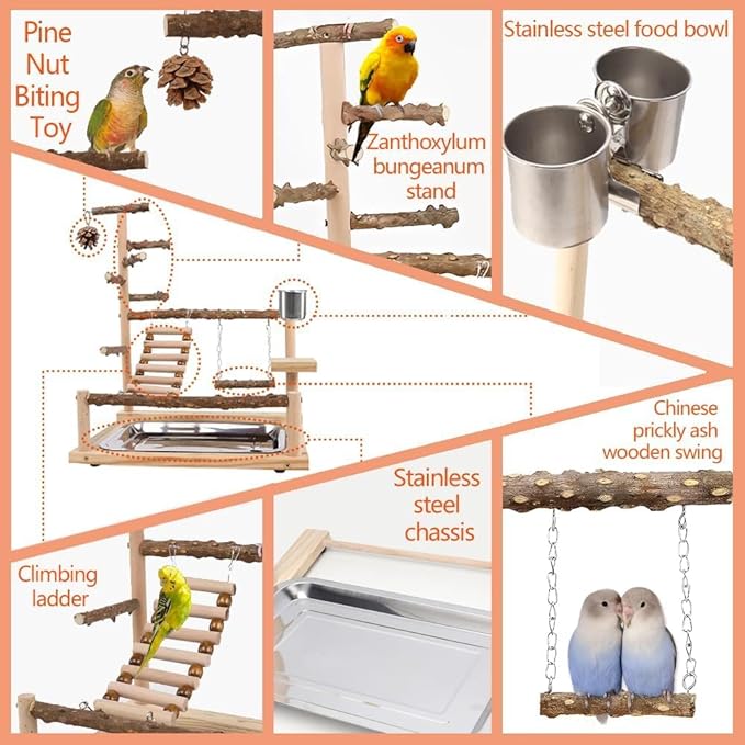 Bird Playground Parrot Playstand, Parrot Stand,Bird Wood Tall Standing Block,Game Table with Feeder… (G-500)