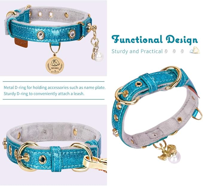 PetsHome Cat Collar, Dog Collar, [Bling Rhinestones] PU Leather Adjustable Pet Collar with Luxury Pendant for Big Cat and Small to Medium Dog Small Blue