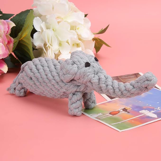Pet Cotton Rope Biting Chewing Molar Toy, Cartoon Animal Shape & Pure Manual Weaving, Dog Rope Toys with Strong and Hard, Grind and Clean Teeth, Relieve Pressure (Elephant)