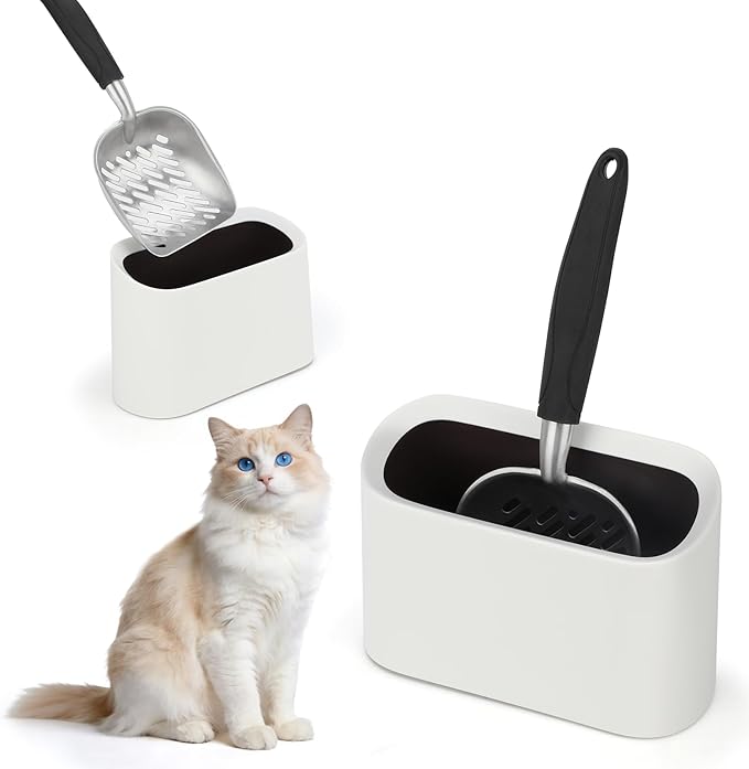 Heavy-Duty Cat Litter Scoop with Holder, Metal Cat Scooper and Detachable Trash Can,Aluminum Kitty Poop Shovel Captures All Clumps,Speed Sifter Litter Box Scooper and Caddy with Lid(White)