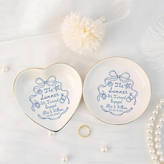 Personalized Ring Dish Engagement Gift, Whimsical Doodle Engaged Ring Holder, Custom Wedding Jewelry Dish, Jewelry Tray Gifts for Newly Engaged Couple Her Bride Wife Bestie