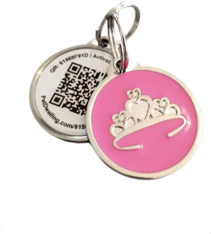 Pet Dwelling QR Code Pet ID Tag – Smart Dog & Cat ID Tags for Pet Safety, Free Personalized Online Profile, Instant Scan Alerts, AI Insights (Pink Tiara)