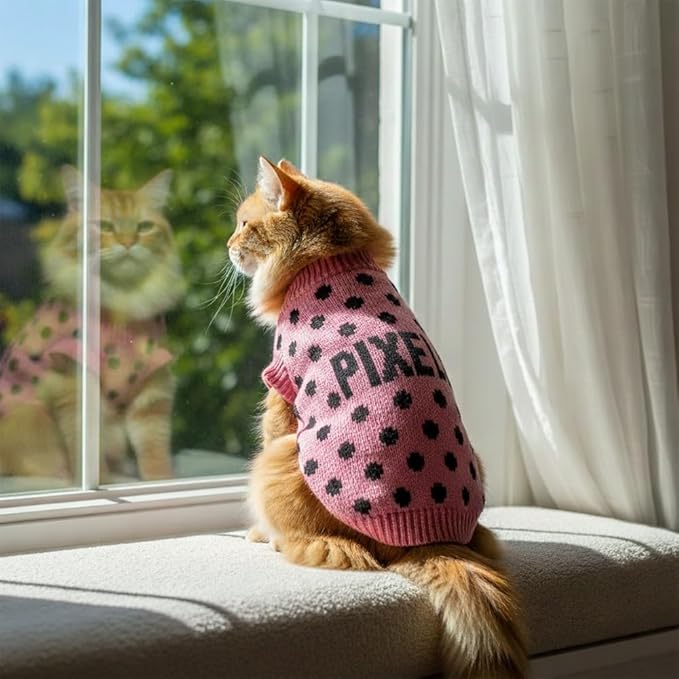 Custom Knit Sweater for Dogs and Cats with Personalized Name, Polka Dot Pattern, Soft Knit Winter Apparel, Cozy and Stylish Pet Clothing, Idea for Pet Lovers