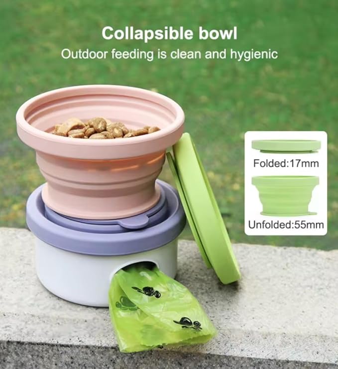 3 in 1 Collapsible Dog Bowl, Treat Container, Poop Bag Holder with 1 Roll Poop Bags – Practical Silicone Dog Bowl, – Durable Pet Bowls for Travel Essentials, Daily Walks (Pink)