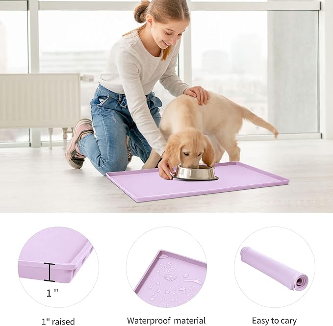 Dog Food Mat,Silicone Waterproof Food Tray,Non Slip Pet Bowl Mats Placemat,1" Raised Edge,Suitable for Most Small and Medium Sized Pets,32" x 24"