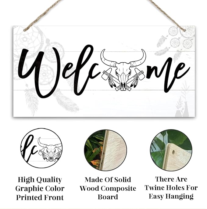 Welcome Sign for Front Door, Welcome Decor Wooden Hanging Sign, Unique Western and Bohemian style Wall Hanging Decor, Funny Wooden Outdoor Front Door Decoration 13.8X6.9 inches