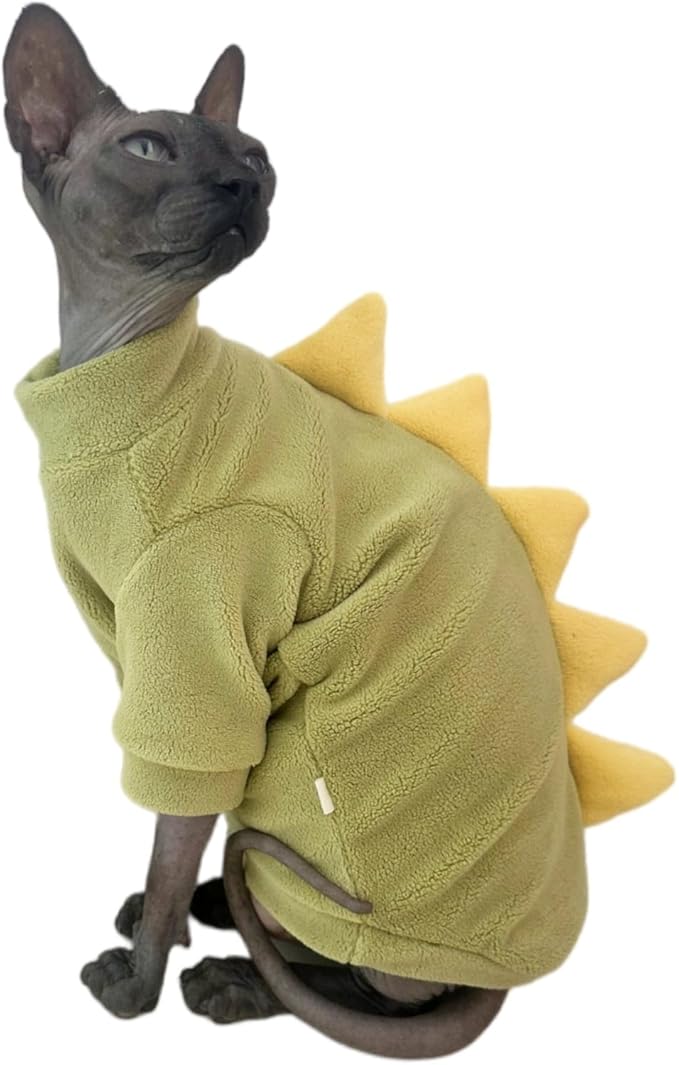 Dinosaur Sphynx Cat Clothes, Soft Polar Fleece Sweater for Cat, Elastic Pet Clothes Thick Winter Warm Outfit for Hairless Cat, Devon, Cornish, Small Dogs Apparel with Sleeves (Green, X-Large)