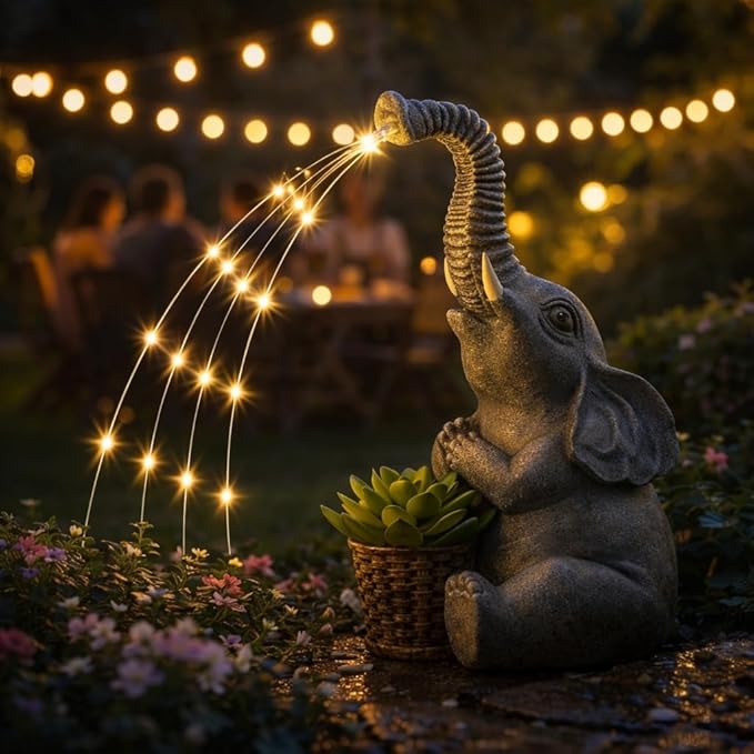 Lyeasw Solar Garden Decor Elephant Statues – Birthday Gifts for Women Mom, Water‑Resistant Watering Elephant Outdoor Decor for Patio, Yard & Porch with Auto On/Off Light, Praying Elephant Ornament