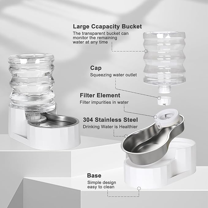 RIZZARI Dog Water Bowl Dispenser: 5L Large Stainless Steel Gravity Feeder - Leak-Proof - Detachable Bowl & Filter Instruction - Easy to Use for Busy Multi-Pet Owners with Small Puppies & Kittens