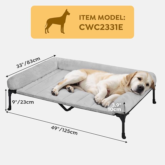 Veehoo Orthopedic Elevated Dog Bed with Fluffy Plush Bolster Cushion, Indoor Raised Dog Beds for Large Dogs, Soft Pet Sofa Cot with Removable Washable Mat, No-Slip Feet, 49 x 33 inches, Grey