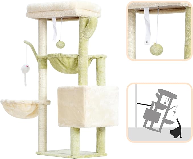 Heybly Cat Tree, 39.4 Inches Tower Condo with Scratching Post, Cat Tower for Indoor Cats, Fully Wrapped Sisal Pole, Soft Platform, 2 Baskets and Dangling Toy, Green and Beige HCT006SGM