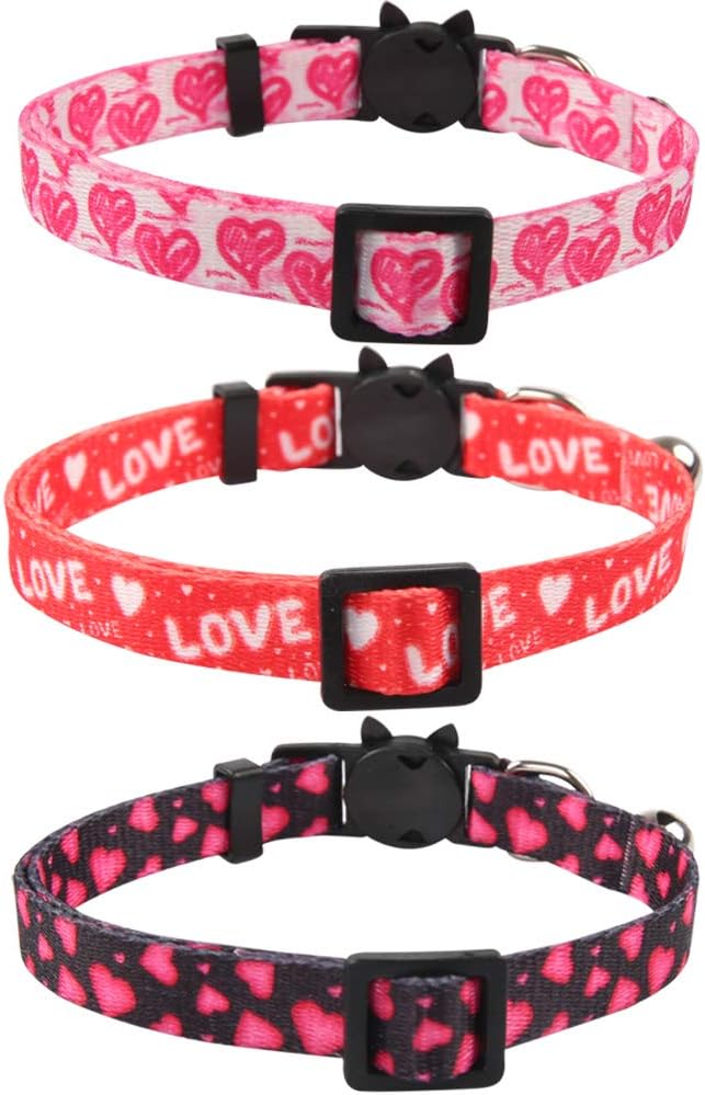 3 Pack Valentine's Day Cat Collar with Bell Breakaway Adjustable Love Heart