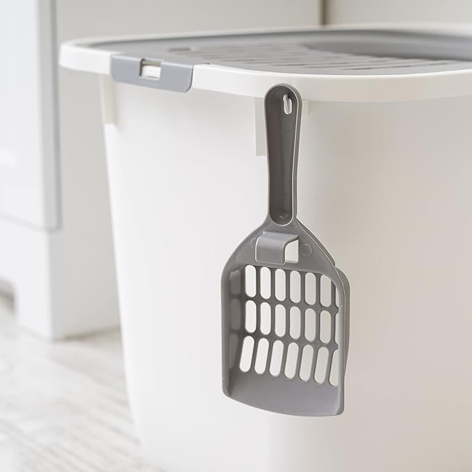 IRIS USA Cat Litter Box, Large Cat Box Enclosure, Top Entry with Litter Catching Lid, Enclosed with Scoop, White/Gray