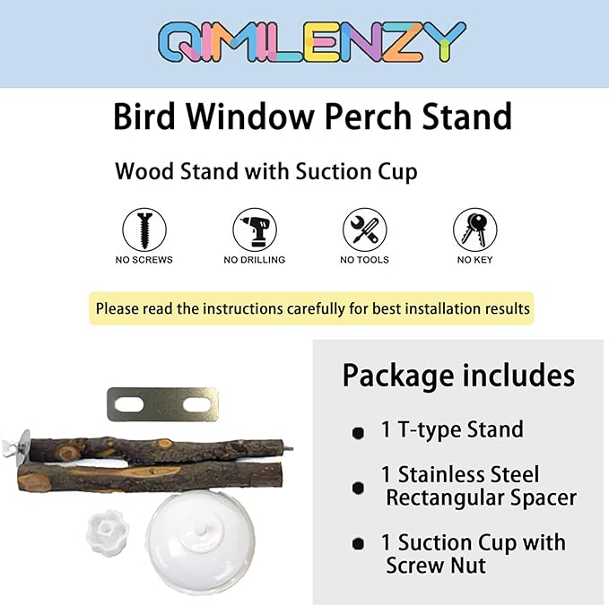 Portable Bird Perch Stand- T-Shaped Natural Apple Wood with Vacuum-Grip Suction Cup for Windows, Flat Tiles, Bath/Car/Travel - Durable & Safe for Parrots, Cockatiels, Lovebirds (Small to Medium Birds)