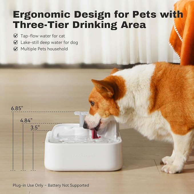 Dog Water Fountain Cat Automatic Water Bowel 3-Stage Design for Multi Pets Water Dispenser for Drinking Waterfall Fountain Kitty with Isolating Pump Filter, BPA-Free Easy Clean Quiet Indoor -2L/67oz
