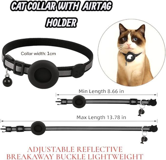AirTag Cat Collar Breakaway – Reflective Kitten Collar with Holder for Apple AirTag Tracker, Bell & Cute Charm, Adjustable Lightweight Nylon for Boy & Girl Cats (Fits 8.66–13.78 in)