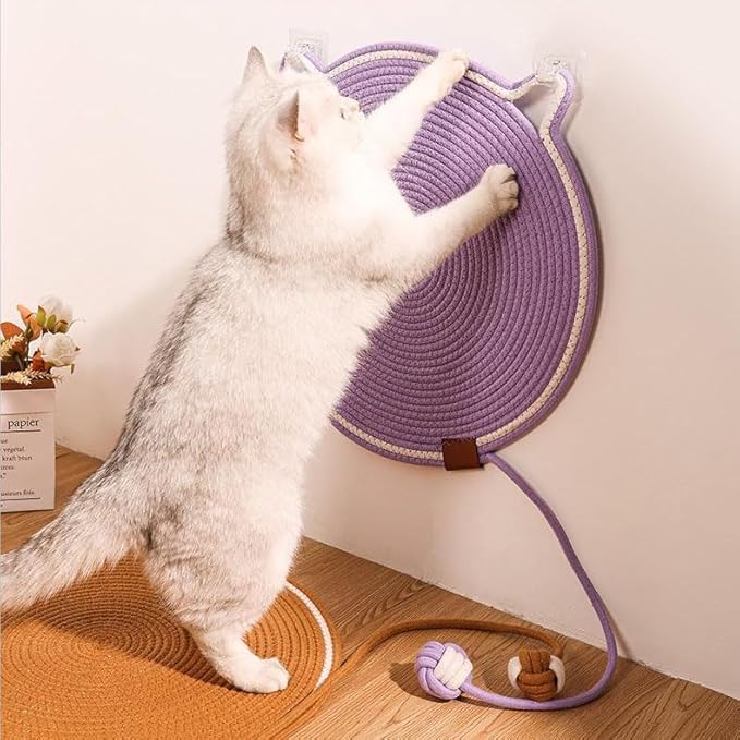 Cat Scratcher Mat, Natural Cotton Rope Cat Scratch Pad, 15.7'' Round Horizontal Floor Cat Scratching Pads for Indoor Cats, Cat Furniture Protector for Wall, Couch, Carpets, Sofas, Purple