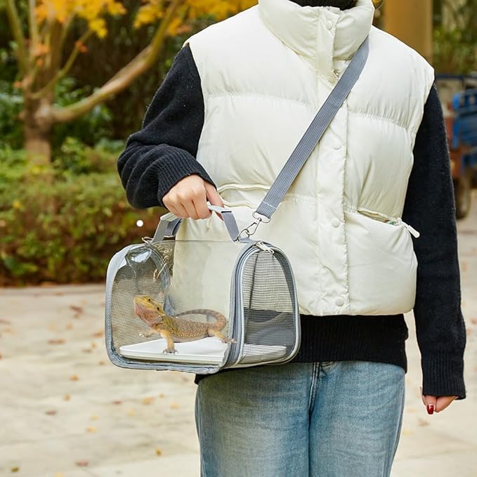 Reptile Small Animal Travel Carrier - Portable Ventilated Pet Carrier for Bearded Dragons, Lizards, Sugar Gliders, Hedgehogs, Rats, Birds, Guinea Pigs etc | Escape-Proof, Breathable Mesh (Grey)