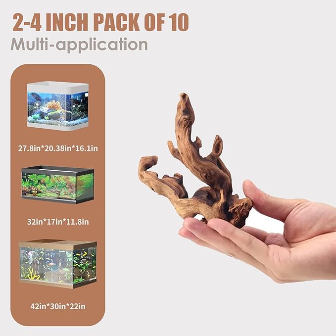 Jorewood Natural Small Aquarium Driftwood for Fish Tanks & Reptile Terrariums – Safe Fish Tank Decorations, Unique Twisted Branches 10-Piece 2-4 Inch Low Tannin, Easy to Sink