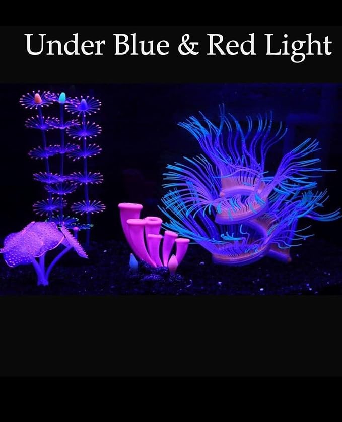 4 Pieces Aquarium Fish Tank Decorations with Glowing Effect, Silicone Glow Artificial Ornament Coral Reef Plants for Aquarium Decoration Small and Large Fish Bowl Decor Accessories